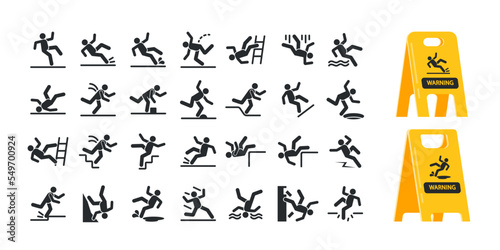 Set Of Warning Silhouettes, Caution Symbols With Falling Stick Man Figure. Fall Down Stairs, Over The Edge, Wet Floor