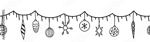 Hand drawn doodle sketch style vector illustration seamless banner of Christmas tree ornaments. Isolated on white background