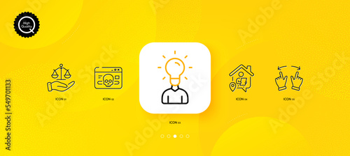 Justice scales, Cyber attack and Move gesture minimal line icons. Yellow abstract background. Education, Work home icons. For web, application, printing. Judgement, Web ddos, Swipe. Human idea. Vector