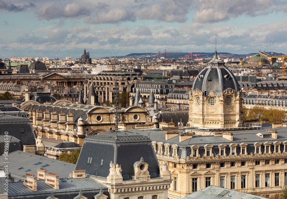 Aerial view of the skyline of Paris with dome of  'Palais de Justice de Paris' in Cite