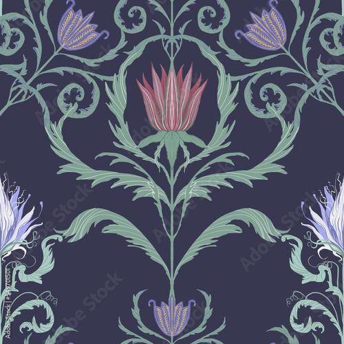 Dark blue seamless floral pattern, damask botanical design
