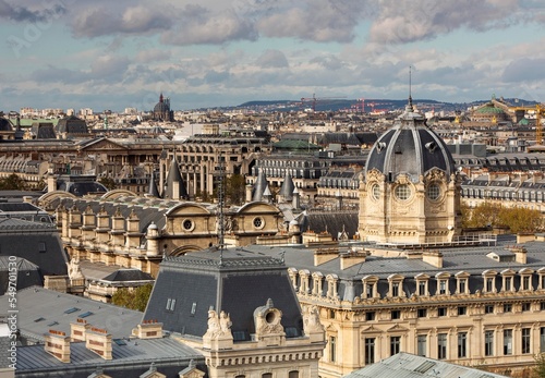 Aerial view of the skyline of Paris with dome of 'Palais de Justice de Paris' in Cite