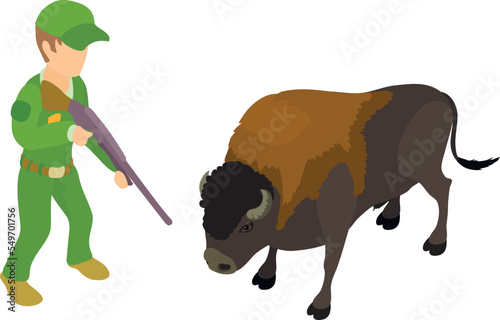 Bison capturing icon isometric vector. Man with rifle in hand and european bison. Trapping of wild animal