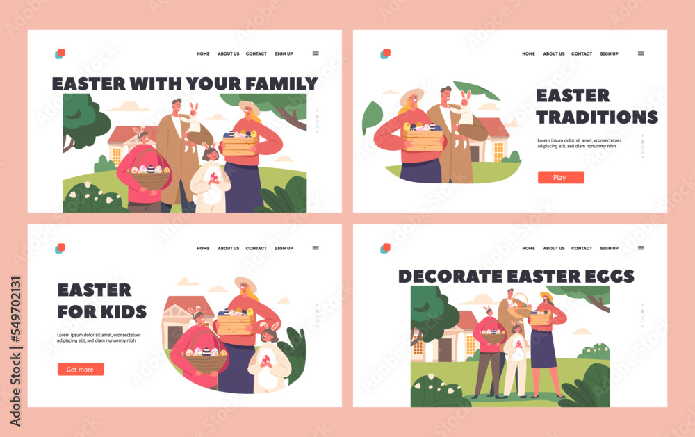 Happy Family Prepare for Easter Holidays Landing Page Template Set. Parents and Children Wear Rabbit Ears Holding Basket
