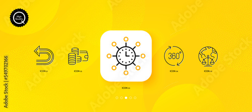 360 degrees, Magistrates court and World time minimal line icons. Yellow abstract background. Wallet, Undo icons. For web, application, printing. Vector photo