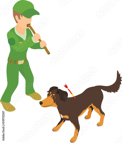 Pet vaccination icon isometric vector. Man with blowpipe with dart near dog icon. Domestic animal vaccination photo