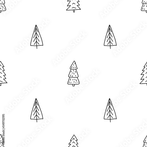 Hand drawn doodle sketch style vector illustration seamless pattern of Christmas pine tree. Isolated on white background