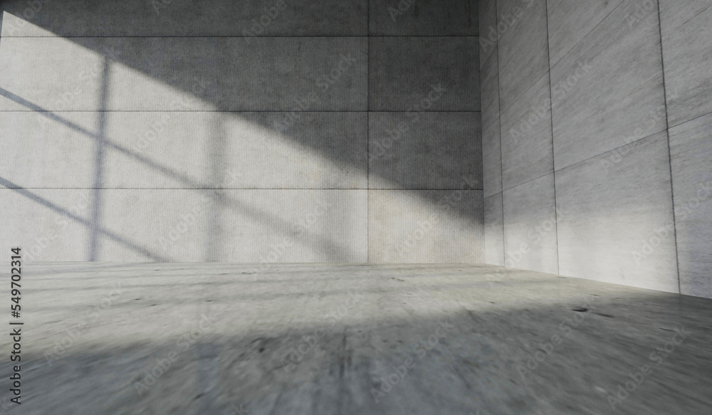 Concrete modern interior space. Blank walls and sunlight casting shadows. 3D Rendering Concrete modern interior space. Blank walls and sunlight casting shadows. 3D Rendering