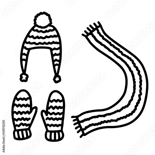 Hand drawn doodle sketch style vector illustration of knitted hat, mittens and scarf. Isolated on white background