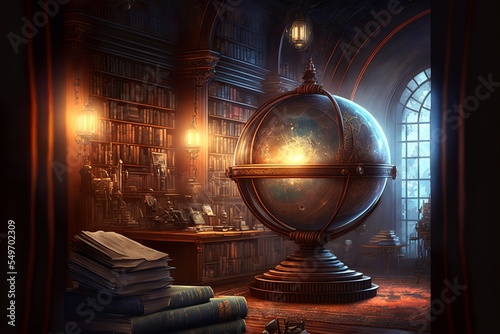Giant mechanical steampunk earth globe sphere navigational device standing in fantasy library