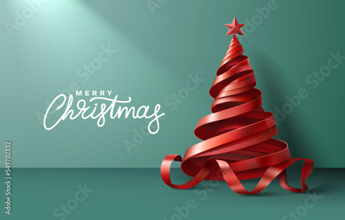 Red ribbon Merry Christmas tree, art decoration. Vector illustration