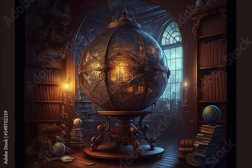 Giant mechanical steampunk armillary sphere navigational device standing in fantasy library photo