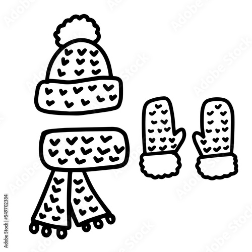 Hand drawn doodle sketch style vector illustration of knitted hat, mittens and scarf. Isolated on white background