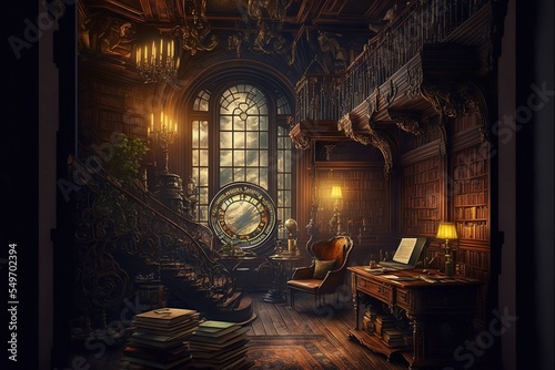 dark fantasy library and study furnitures and huge windows with old steampunk devices