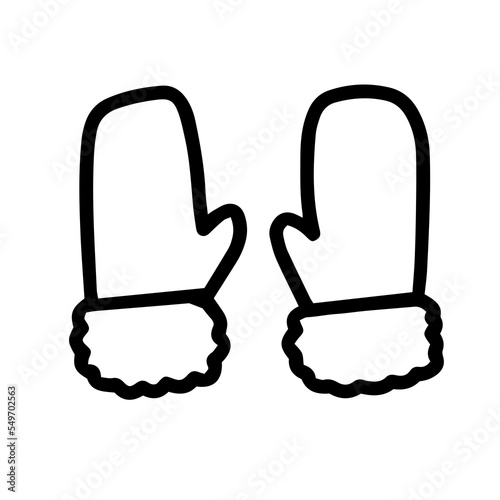 Hand drawn doodle sketch style vector illustration of winter warm mittens with fur. Isolated on white background