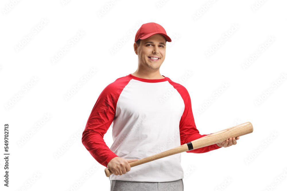 Young man with a baseball bat smiling at camera Young man with a baseball bat smiling at camera