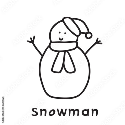Hand drawn doodle sketch style vector illustration of cute snowman with hat and scarf. Isolated on white background.