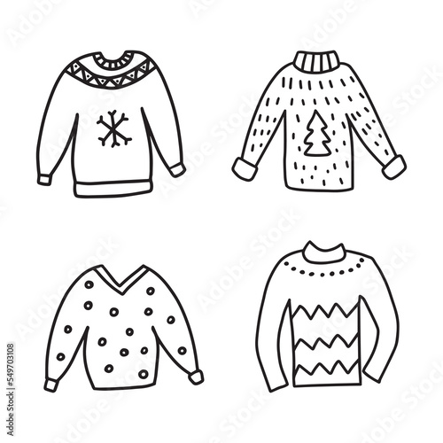Hand drawn doodle sketch style vector illustration set of ugly Christmas sweaters. Isolated on white background.