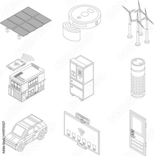 Intelligent device icon set. Isometric set of intelligent device vector icons outline vector on white background