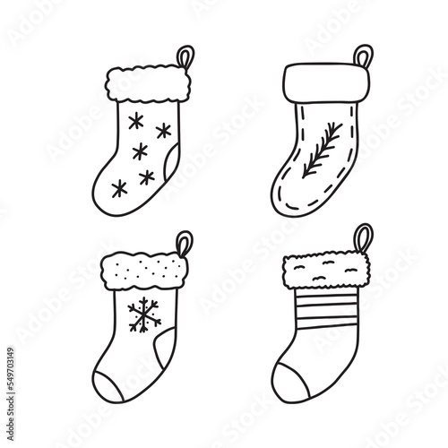 Hand drawn doodle sketch style vector illustration set of Christmas stockings with various decorations. Isolated on white background.