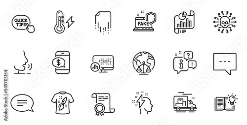 Outline set of Fake internet, Brainstorming and Report document line icons for web application. Talk, information, delivery truck outline icon. Vector