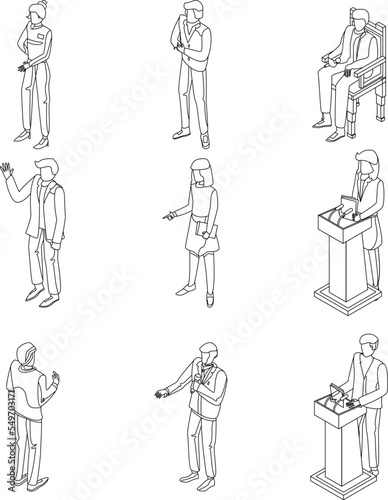 Political conference icon set. Isometric set of political conference vector icons outline vector on white background