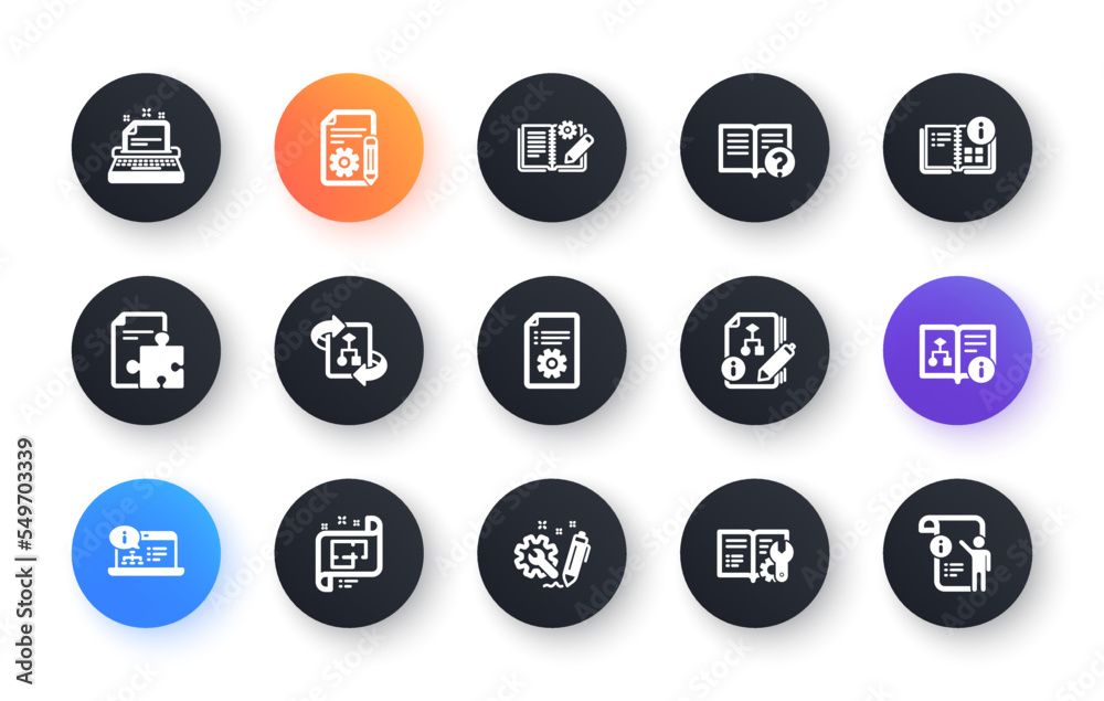 Technical documentation icons. Instruction, Plan and Manual. Algorithm classic icon set. Circle web buttons. Vector