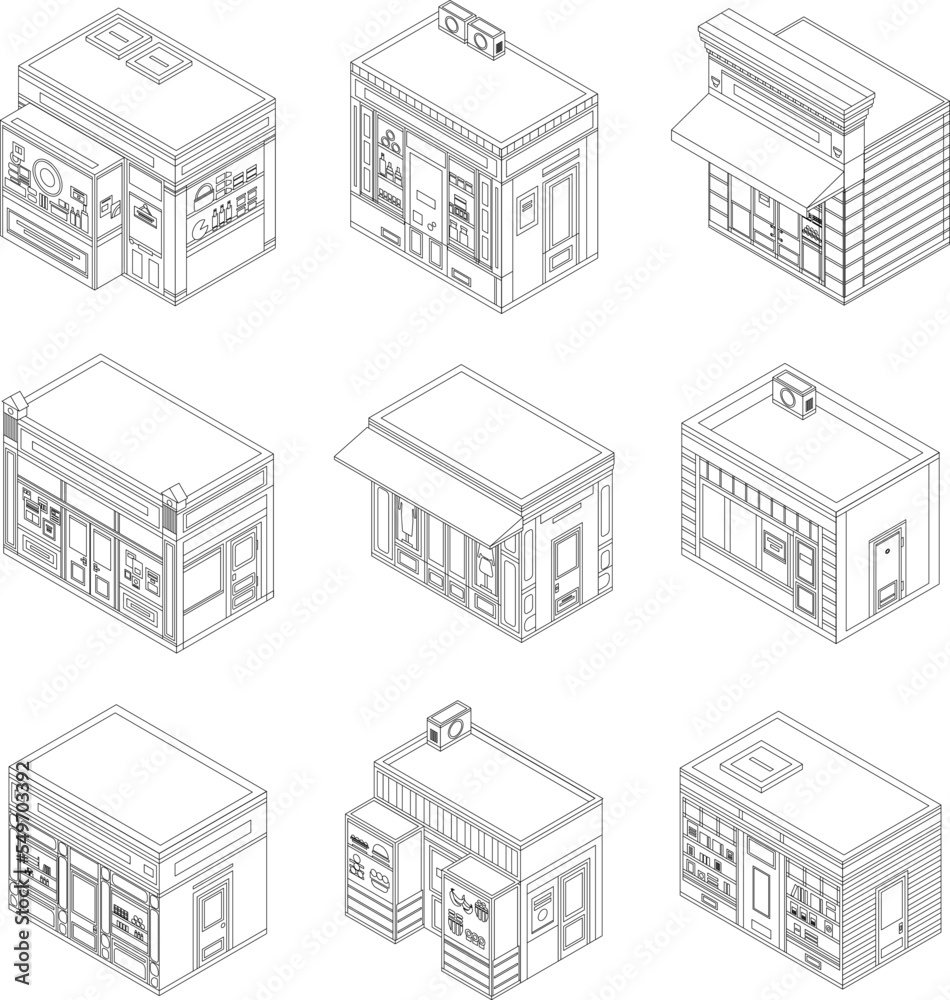 Store facade icon set. Isometric set of store facade vector icons outline vector on white background