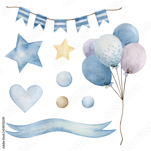 Set of watercolor illustrations, holiday flags, stars, hearts, balls, circle. Boy happy birthday. 