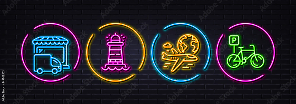 International flight, Lighthouse and Delivery truck minimal line icons. Neon laser 3d lights. Bicycle parking icons. For web, application, printing. Vector