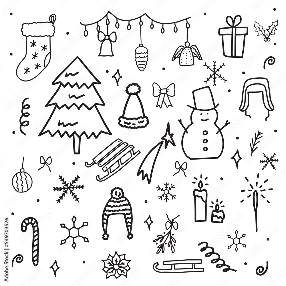Obraz premium Hand drawn doodle style vector illustration set of winter holiday Christmas elements