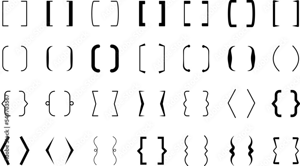 Black bracket set. Vintage speech brackets, line text braces calligraphy symbols. Curly punctuation decorations, decent parenthesis vector kit