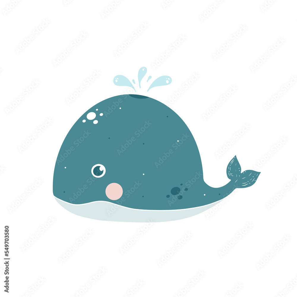 Little cute blue sea whale. Vector illustration