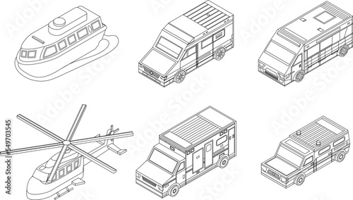 Ambulance icon set. Isometric set of ambulance vector icons outline vector on white background