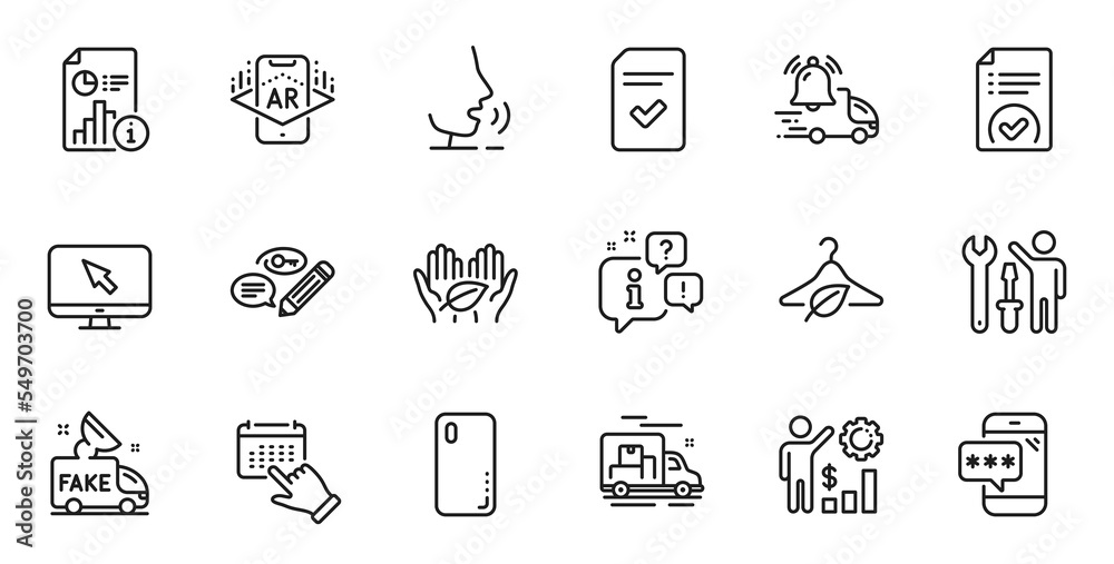 Outline set of Internet, Smartphone cover and Fair trade line icons for web application. Talk, information, delivery truck outline icon. Vector