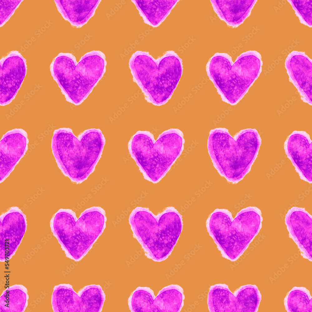 Watercolor seamless pattern with hearts. Bright watercolor romantic texture. Happy Valentine's day or wedding background.