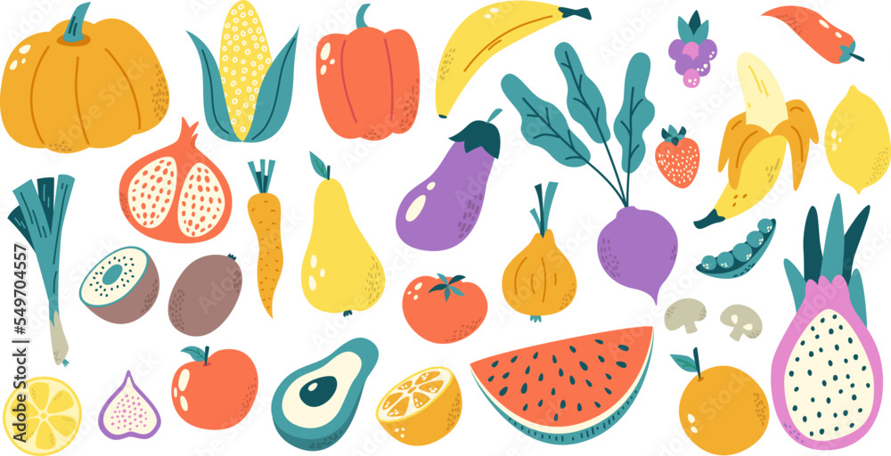 Hand drawn fruits and vegetables. Colorful health isolated vegetable, fruit mango apricot and watermelon. Doodle organic product snugly vector clipart