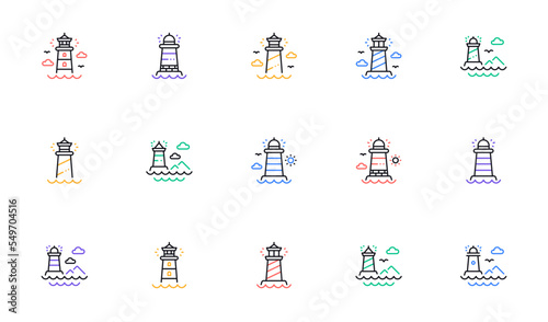 Lighthouse line icons. Searchlight tower with seagull for marine navigation of ships. Sea pharos, lighthouse or beacon icons. Linear set. Bicolor outline web elements. Vector