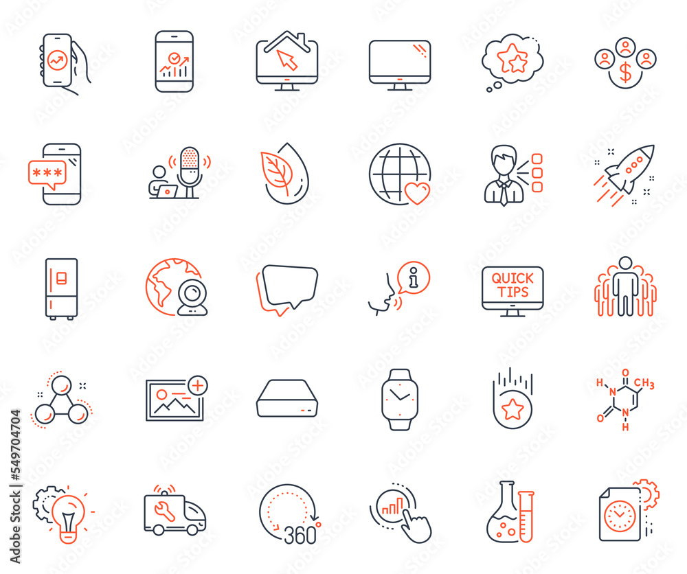Technology icons set. Included icon as Work home, Idea gear and Chemistry lab web elements. Chemistry molecule, Add photo, Project deadline icons. Graph chart, Speech bubble. Vector