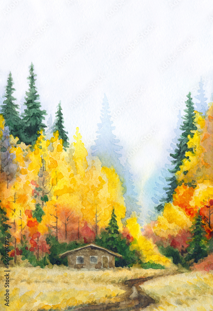 Watercolor landscape. Road to the autumn forest
