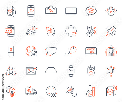 Technology icons set. Included icon as Work home, Idea gear and Chemistry lab web elements. Chemistry molecule, Add photo, Project deadline icons. Graph chart, Speech bubble. Vector