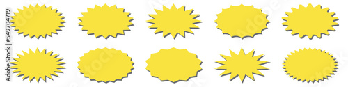 Starburst yellow sticker set - collection of special offer oval shaped sales sunburst labels and badges isolated on white background. Stickers with star edges for promo advertising campaign.