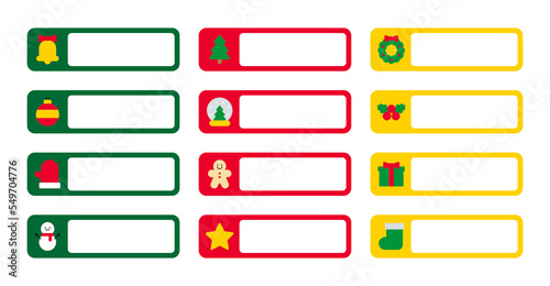 Christmas concept cute name label design set. Labels include tree, snowman, glove, sock, gift, cookie, star, ball, bell, lease icon. It can be used in schools, daycare centers and kindergartens.