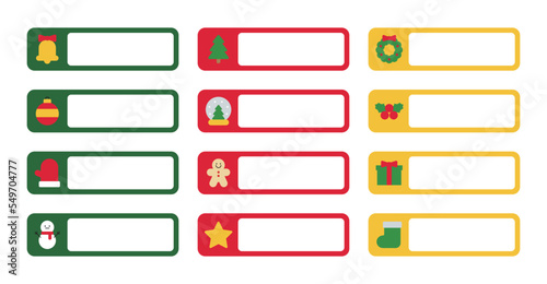 Christmas concept cute name label design set. Labels include tree, snowman, glove, sock, gift, cookie, star, ball, bell, lease icon. It can be used in schools, daycare centers and kindergartens.