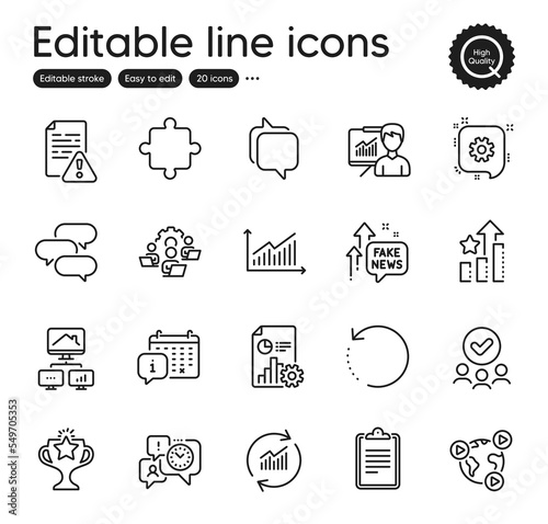 Set of Education outline icons. Contains icons as Ranking stars, Approved group and Recovery data elements. Teamwork, Clipboard, Video conference web signs. Report, Time management. Vector