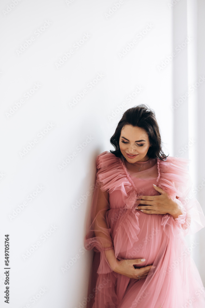 Beautiful pregnant woman in elegant dress posing to photographer in studio Beautiful pregnant woman in elegant dress posing to photographer in studio