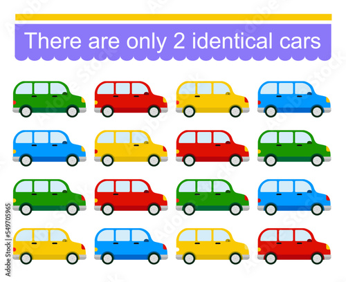 Fun puzzle game. Need to find two identical cars. Task for development of attention and logic. Vector illustration