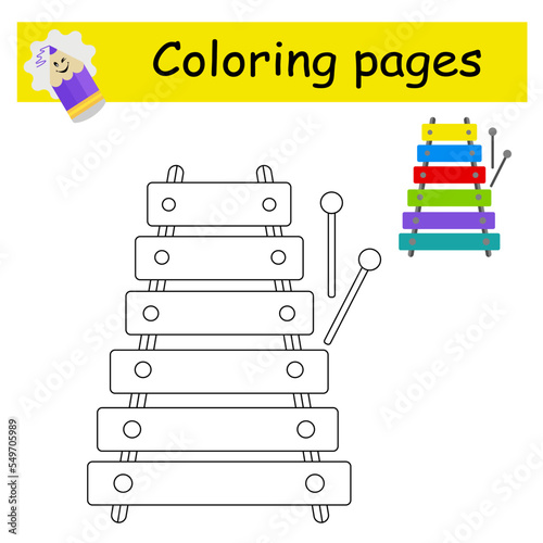 Coloring pages. Cartoon xylophone vector. Illustration for children education. Flat design