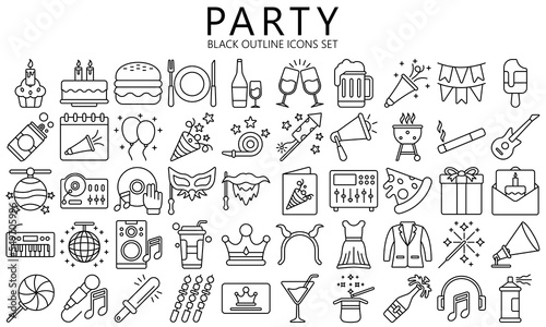 Simple Set of Party Related Vector Line Icons. Contains such Icons as music  food  Dj  Masquerade and more. vector EPS 10 ready convert to SVG. use for modern concept  UI or UX kit  web and app.