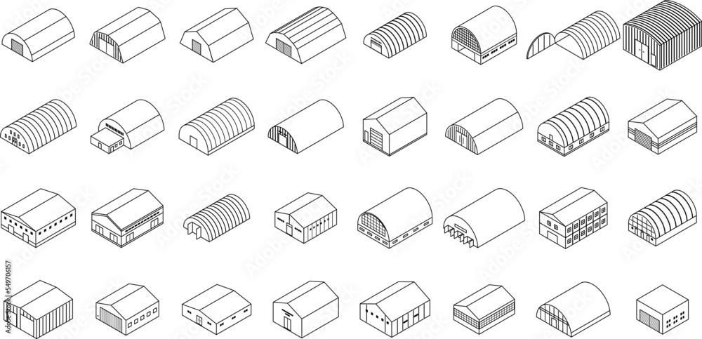 Hangar icons set. Isometric set of hangar vector icons outline vector on white background Hangar icons set. Isometric set of hangar vector icons outline vector on white background